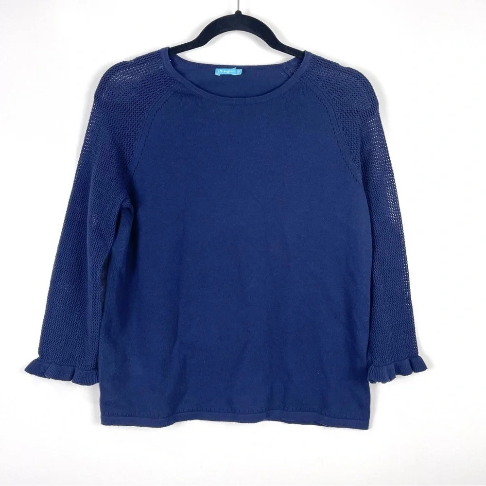 J. McLaughlin Navy Blue Cotton Sweater Ruffle Trim Sleeves Size XS